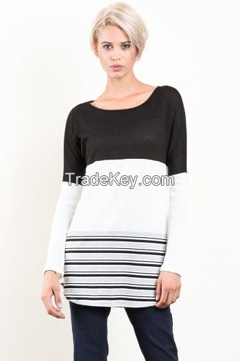 Black Rib Color Block Long Sleeve Top w/ Scoop Neck &amp; Lace on the Back
