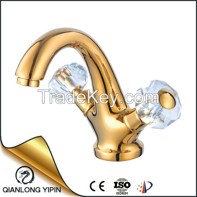Hotel luxury deck mounted bathroom wash basin dual handle gold faucet