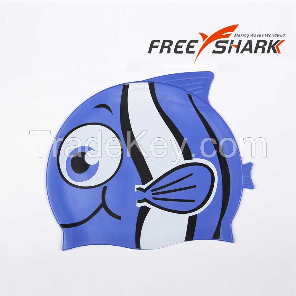 Free Shark cute fish cartoon printed silicone swim caps