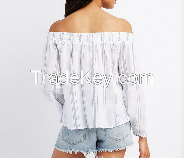 striped tie front off the shoulder women summer fashion top