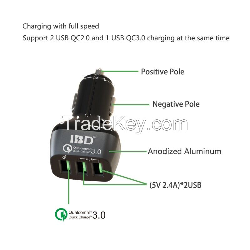 Newest creative 3 ports qc3.0 USB car charger, supports FPC Huaiwei phone