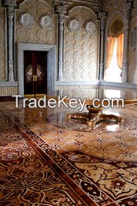 designed parquet, strips, solid wood floring, boards, medallions, carpentry (wall panels, caisson ceilings, stairs)