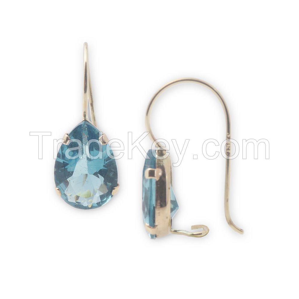 Blue Cubic Zirconia Teardrop Dangle Earrings 14k Yellow Gold