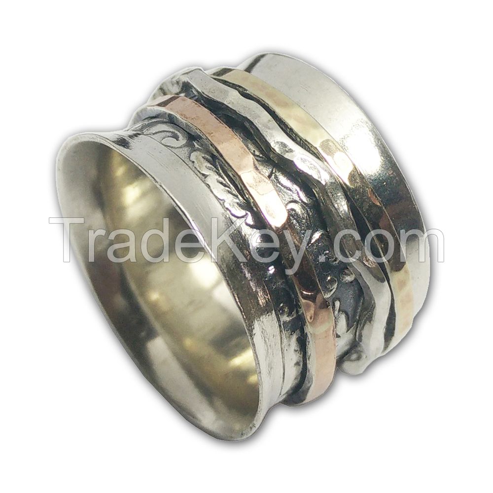 Spinner Ring two tone 925 Sterling Silver 9k yellow rose gold size 6 - 9