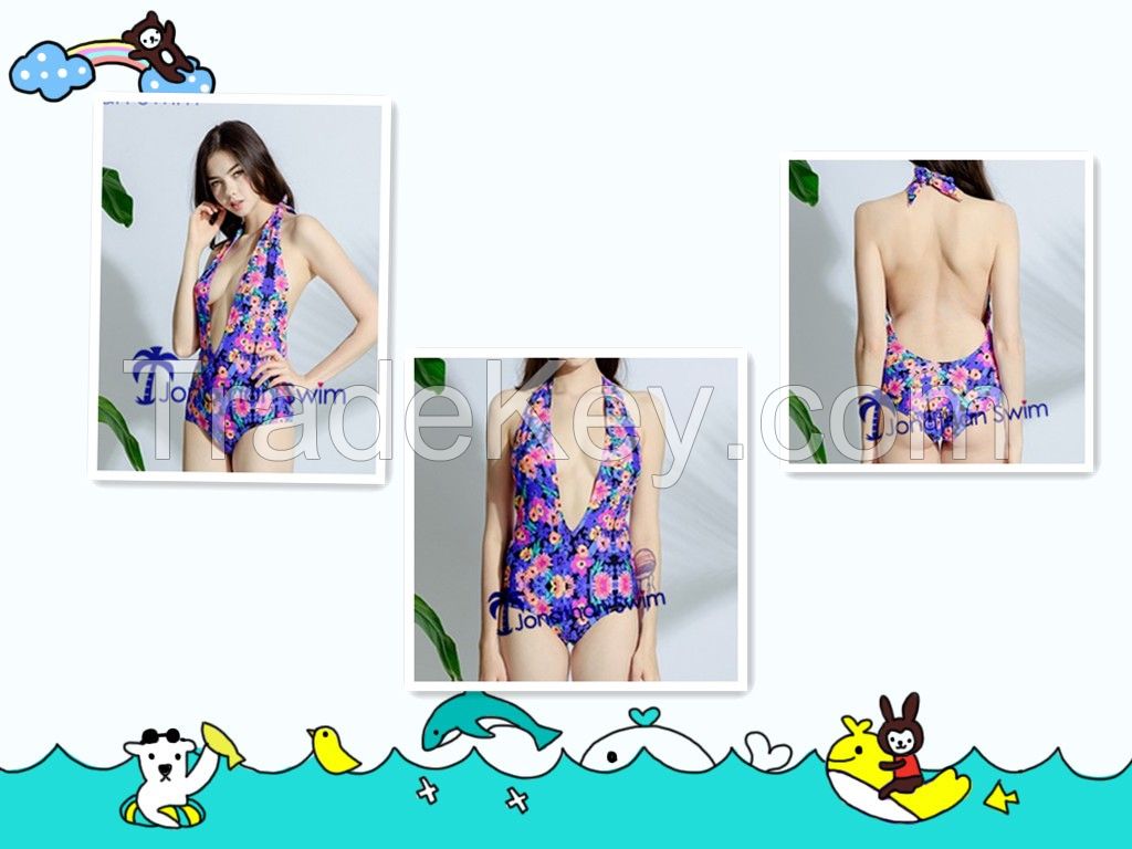 2017 Swimwear. Women's Sexy Deep V Floral Halter One Piece Swimwear.