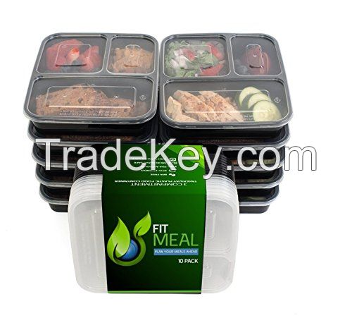 FIT MEAL Food Containers 3 Compartment Bento Lunch Box With Lids Microwave