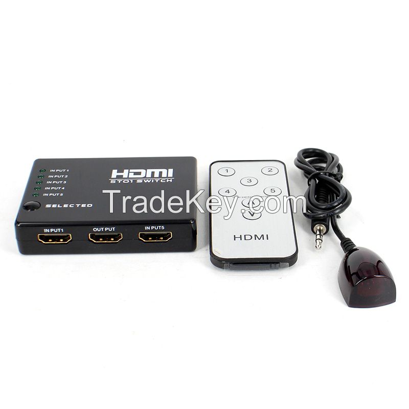 Factory supply HDMI switch, vesion 1.3 HDMI switcher 5 in 1 out with IR remote support 3D