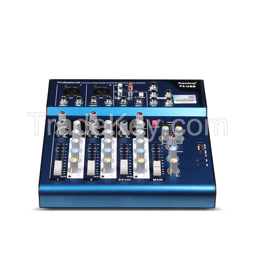 F4 4 channels (2 Mono+2 stereo)sound console Equipment USB LED Display professional Audio DJ Mixer