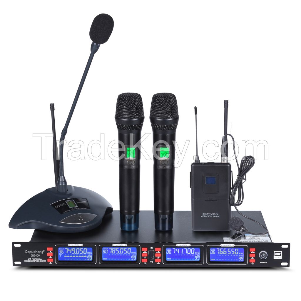 UHF  wireless microphone 4 transmistters(Lavalier microphone or Handheld microphone) match One Receiver