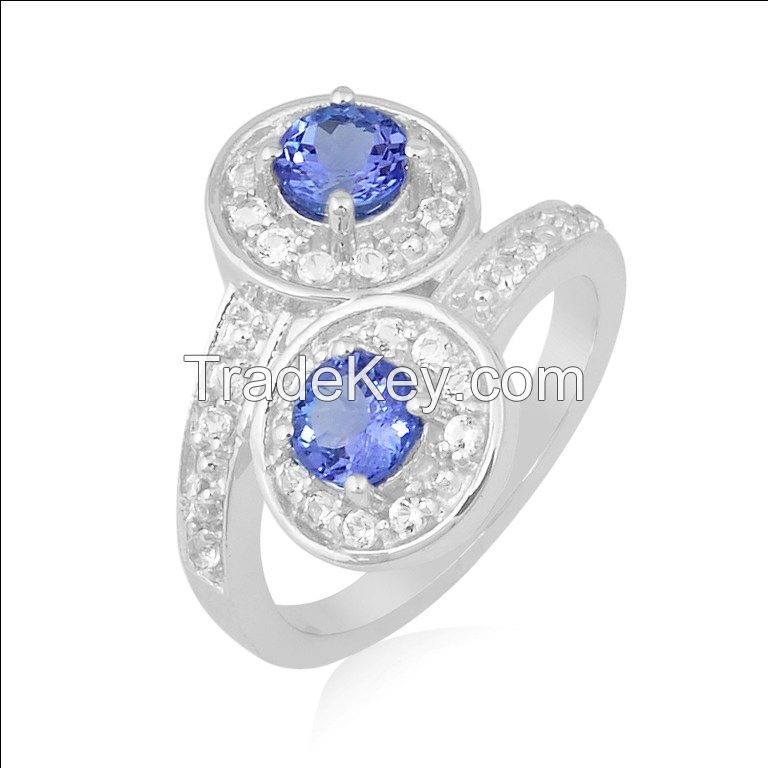 1.46Ct Dual Blue Tanzanite, White Topaz Gemstone Designer Fashion Ring Size 7
