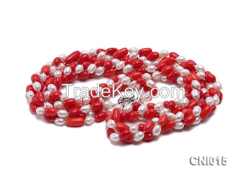 Oval Red Coral and White Pearl Necklace