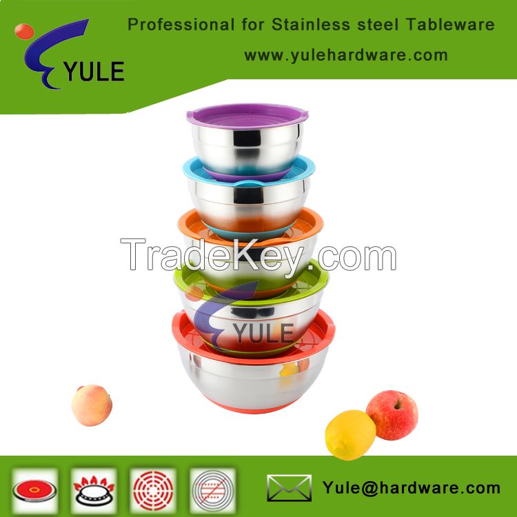 Colorful stainless steel mixing bowl with silicone bottom & lid