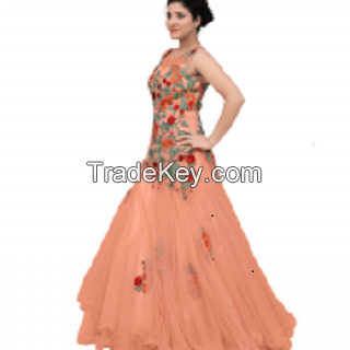 PEACH GOWN WITH MUTICOLOR FLORAL EMBROIDERY
