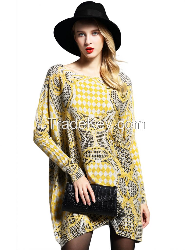 LATIKA Women Baggy Geometric Print Knit Pullover Dress Onesize