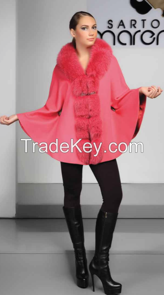 WOOL CASHMERE CAPE WITH  FOX COLLAR