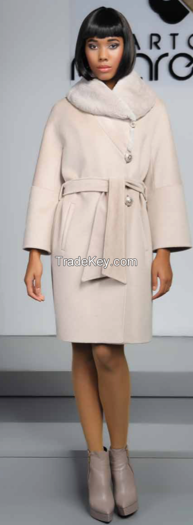 WOOL CASHMERE COAT WITH REX RABBIT  COLLAR 