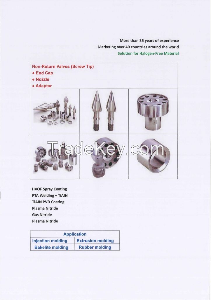 Cylinder, Barrel, Screw, Non Return Valve, End Cap, Nozzle, Adapter, used on injection molding, extrusion molding, bakelite molding, rubber molding