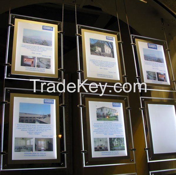 A3 Double Sided Estate Agent Office Window LED Acrylic Poster Frame Display Light Boxes Cable Hanging Kits System