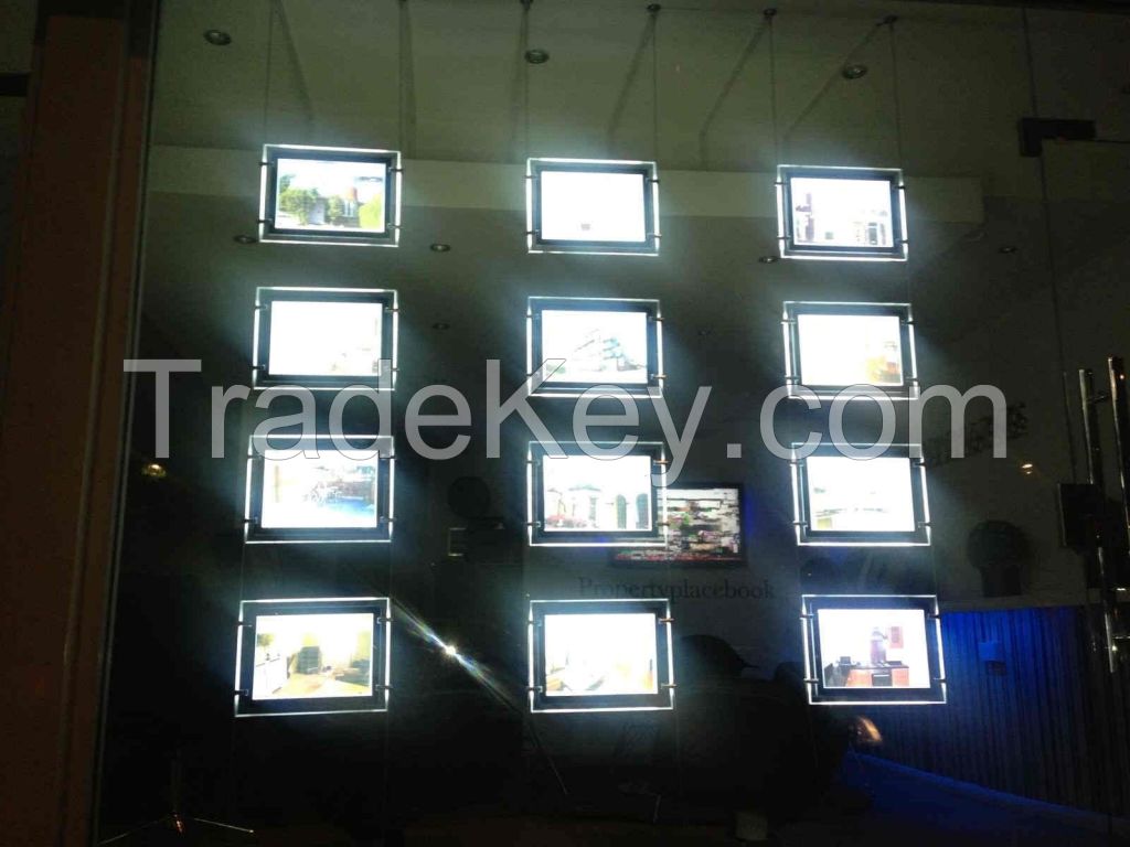 Estate Agent LED Window Display A4 Two Sides Vertical Cable Wires Hanging Acrylic Poster Frame Systems Lightbox kits  