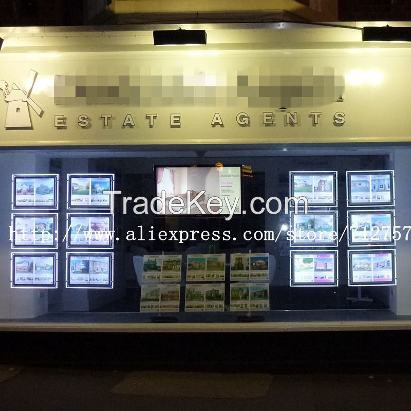 Real Estate Agent/ Travel Agent Window Hanging Acrylic LED Display Poster Frame Double Sided A4 Light Boxes