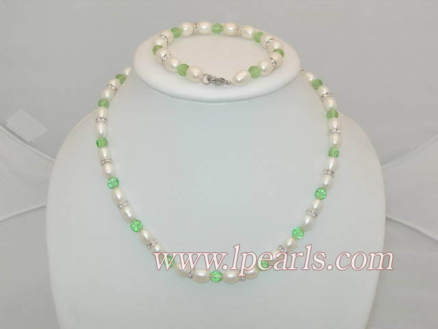 7-8mm white rice pearl jewelry set with crystal