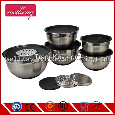 5 Piece Mixing Bowl Set with Spout and Handle, stainless steel, silico