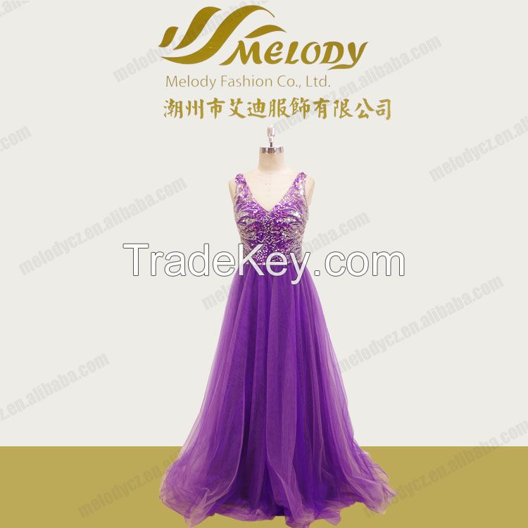 Superlative purple sequin strap V-neck layered short zipper net long e