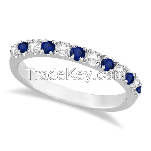 Diamond and Blue Sapphire Ring Anniversary Band 14k White Gold 0.32ct