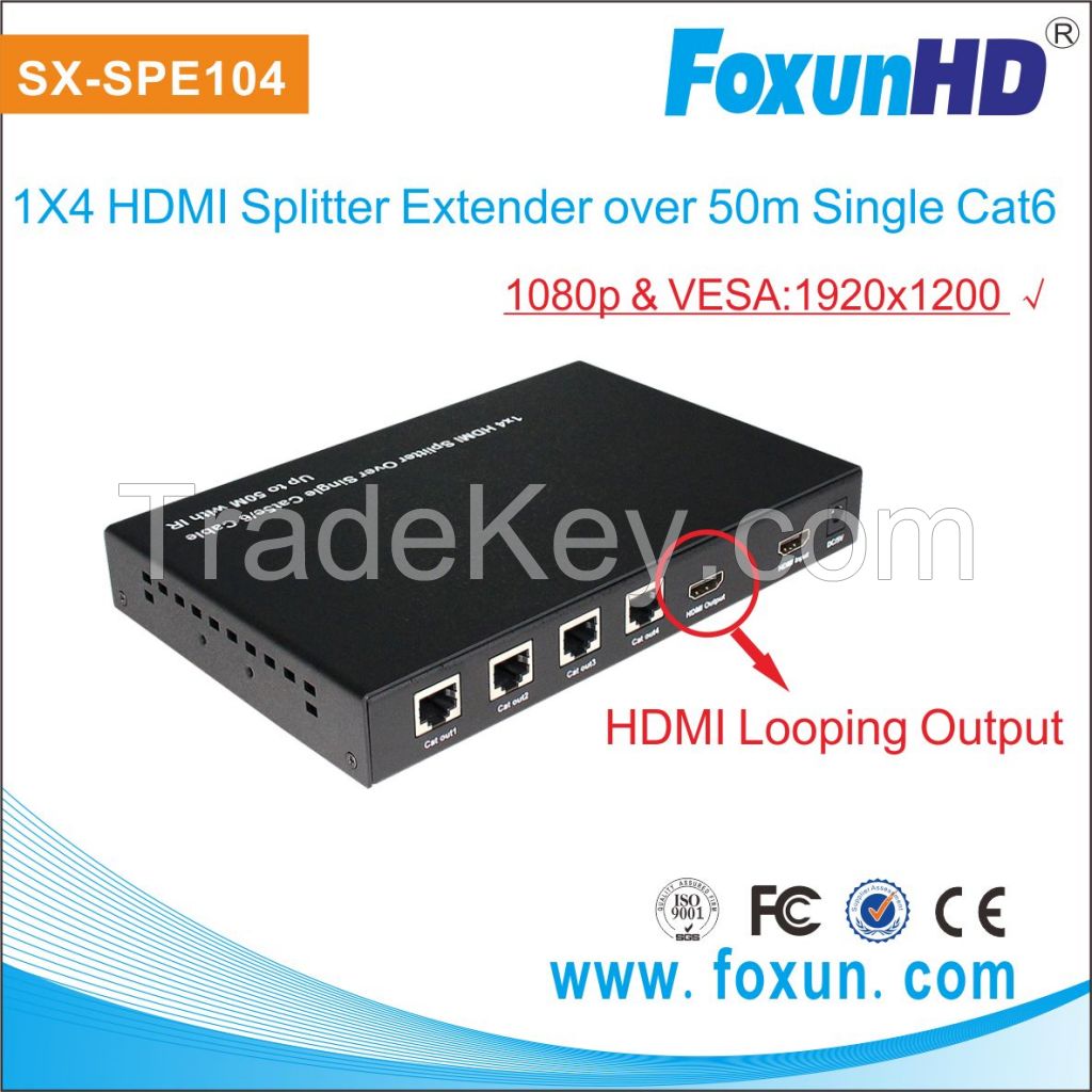 1x4 HDMI splitter over 50m cat5e cable with IR and looping output