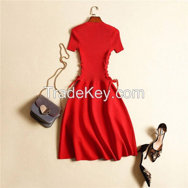 THE NEW AUTUMN RED EMBROIDERED RUFFLED HEM WAIST DRESS