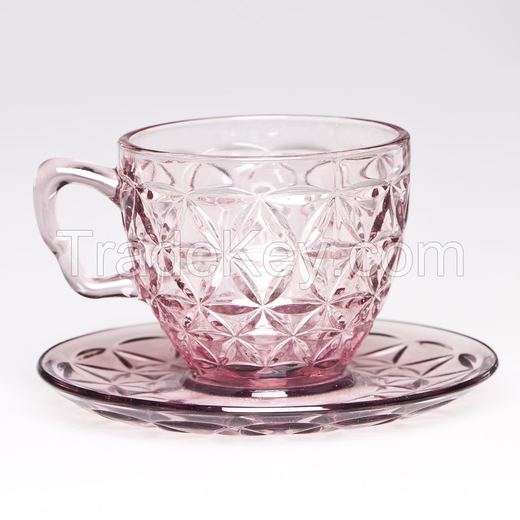 glassware supplier of girls fancy glass cute coffee cup with tray, glass tea cups and saucer 