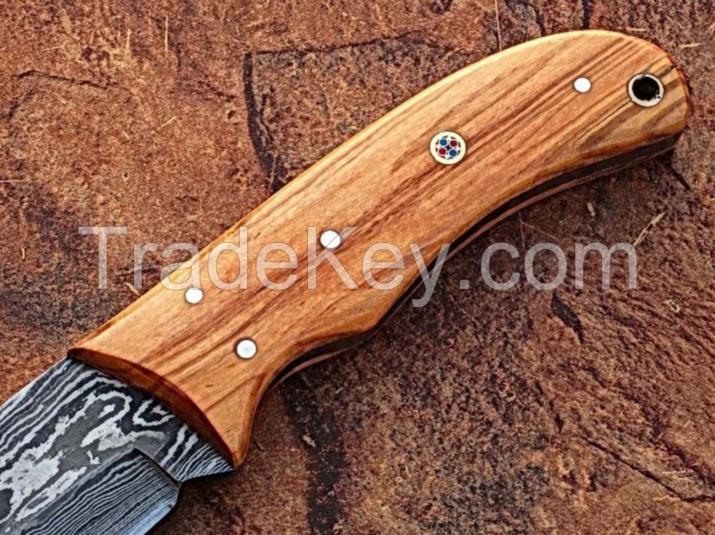  Details about  BEAUTIFUL HAND MADE DAMASCUS FULL TANG HUNTING KNIFE WITH OLIVE WOOD HANDLE 