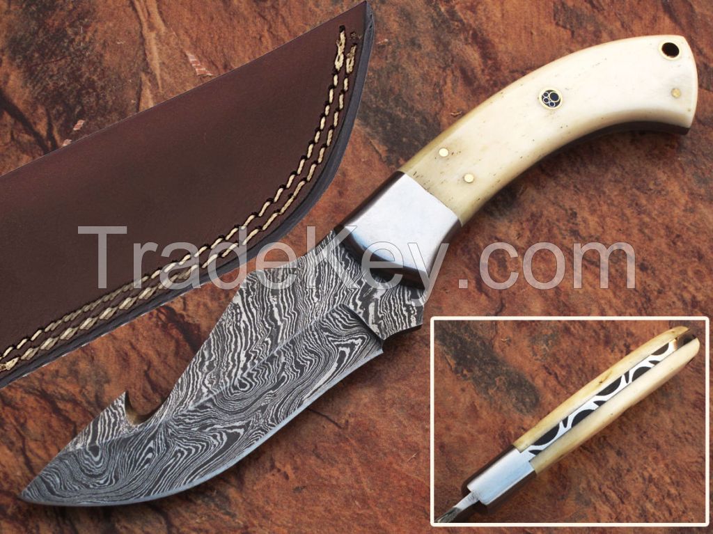  Details about  ELEGANT CUSTOM DAMASCUS sSTEEL HUNTING KNIFE WITH CAMEL BONE HANDLE 