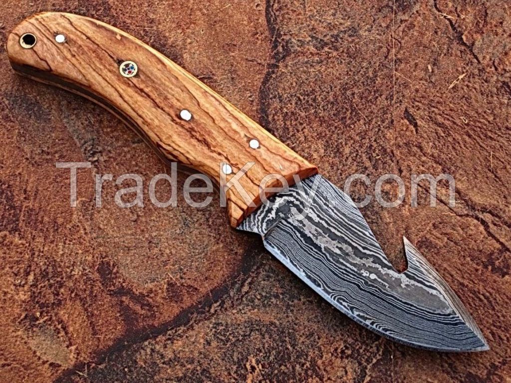  Details about  BEAUTIFUL HAND MADE DAMASCUS FULL TANG HUNTING KNIFE WITH OLIVE WOOD HANDLE 