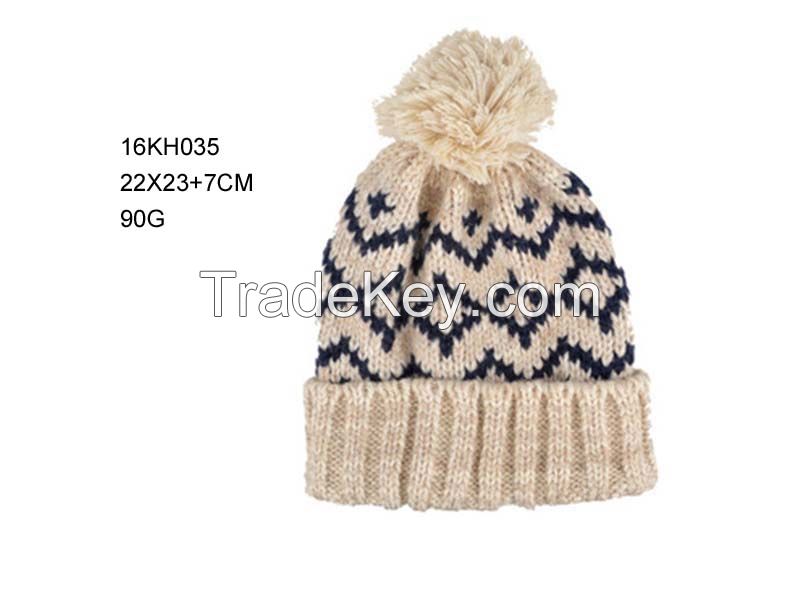 2016 New Fashion 100%acrylic Jacquard Knitted Hat With Folded And Yarn Pom Pom