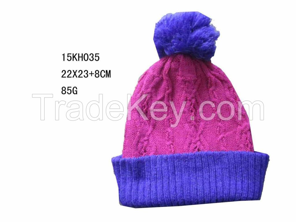 2016 New Fashion 100% Acrylic Jacquard Double Layers Knitted Hat with Folded and Yarn Pompom