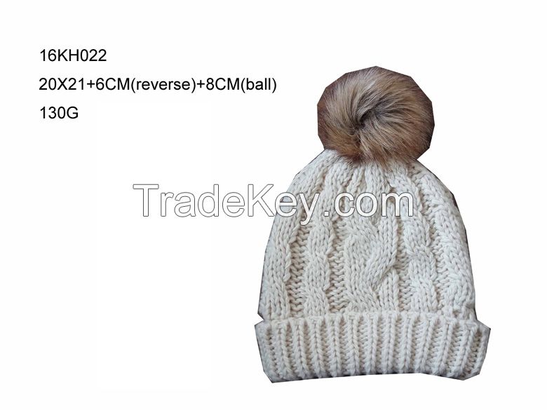 2016 New Fashion 100%Acrylic Cables Jacquard Knitted Hat with Folded and Fake Fur Ball