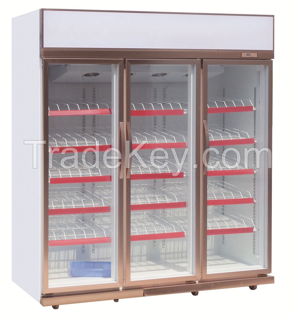Three Section Reach in Glass Door Beverage Chiller for convenient store and supermarket