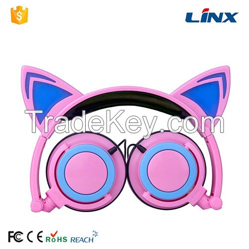 Headphone factory Hot selling Led glowing portable patent cat ear shaped wired headphone