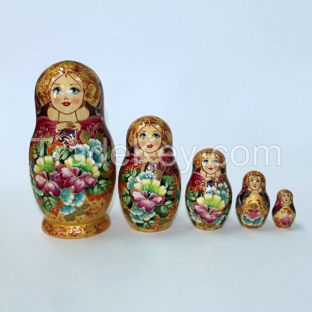 Matryoshka Russian Wooden Babushka Doll Handmade Nesting Dolls Art 5 Piece Set