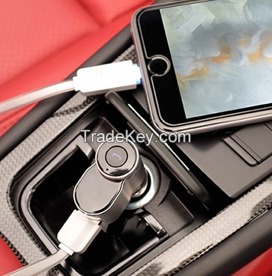 Newest products aluminum alloy wireless bluetooth headset with dual USB car charger