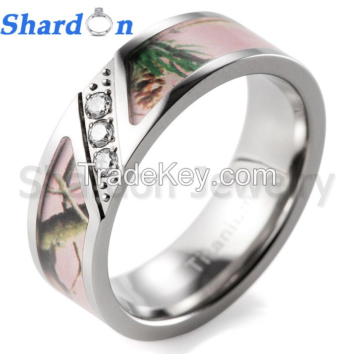 Men's 7mm Pink Branches Camo Titanium Ring Diagonal Grooved Design with 3 CZ Stones Inlay