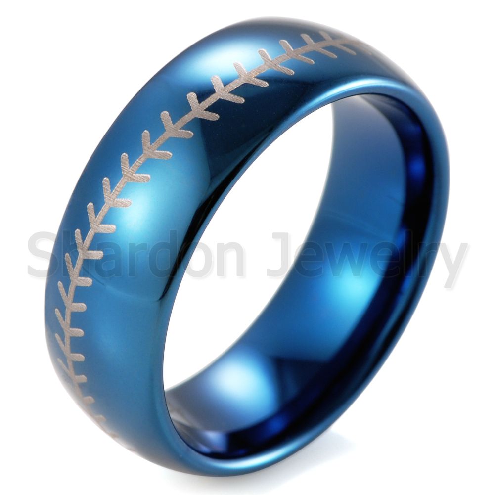 Men's 8mm Domed IP blue Tungsten Ring with Engraved Baseball Pattern