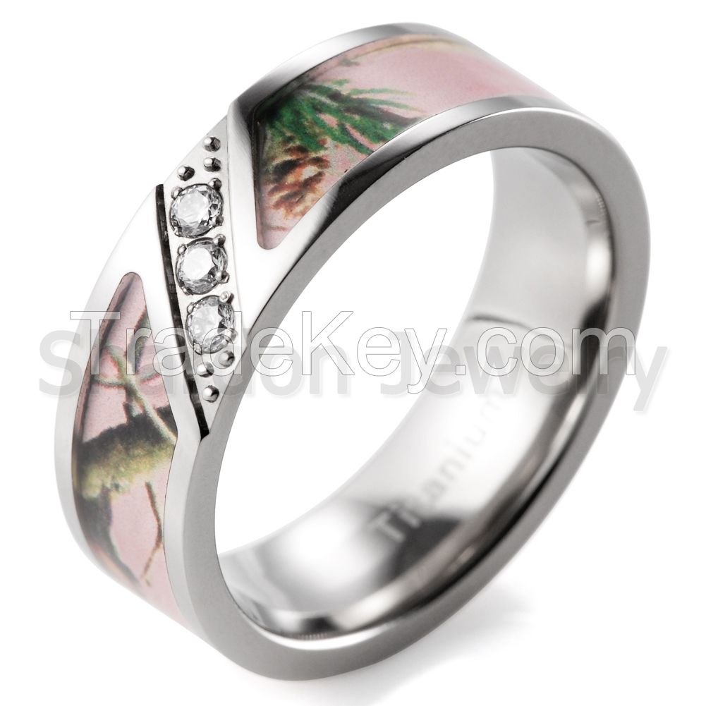 Men's 7mm Pink Branches Camo Titanium Ring Diagonal Grooved Design with 3 CZ Stones Inlay