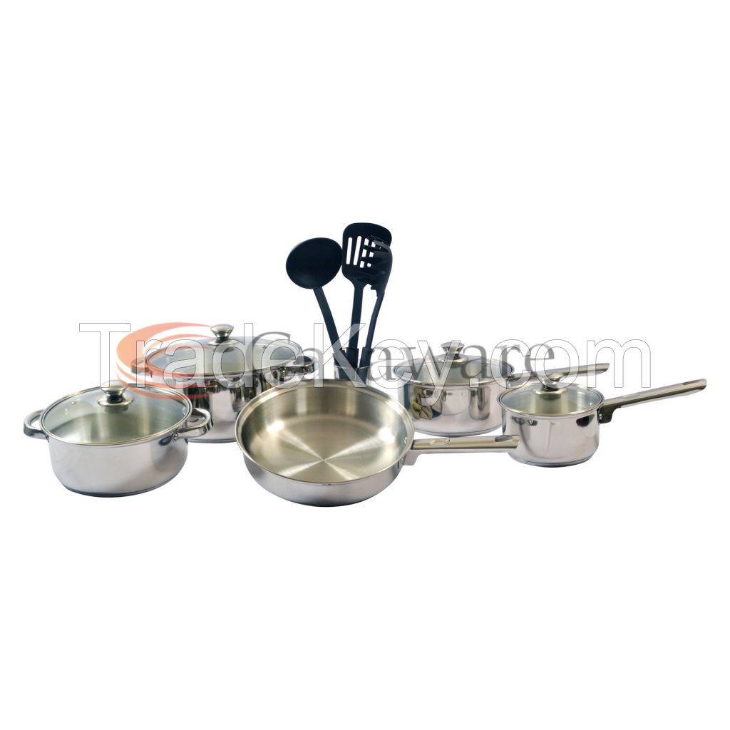12 Pcs Stainless Steel Induction Bottom (Encapsulated) Cookware Set with Glass Lids, Rod Handles and tool set