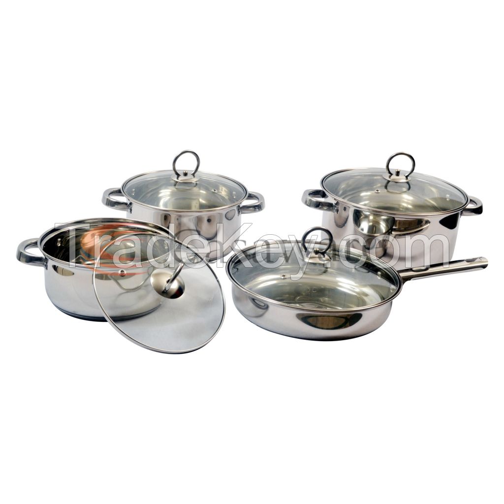 8 Pcs Stainless Steel Induction Bottom (Encapsulated) Cookware Set with Glass Lids and Tube Handles