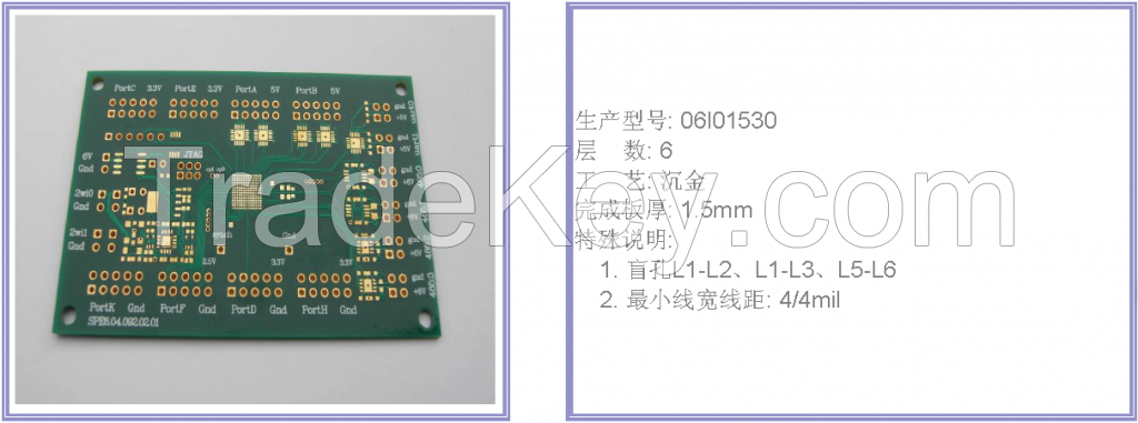 6Layer PCB, Immersion Gold, blind vias, min.line/space:4/4mil