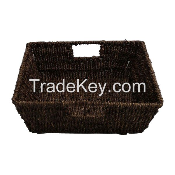 Square Tapered Seagrass Tray Basket Inset Handles Chocolate