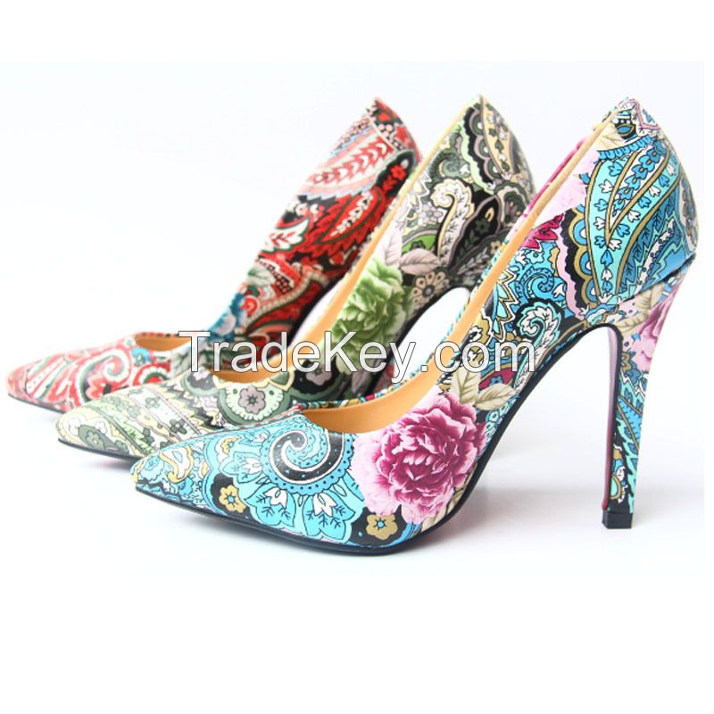 Spring Super High Heel Floral point Toe Printing Stiletto High Heel shoes for lady