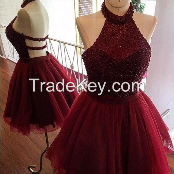 Burgundy Homecoming Dress,a Line Homecoming Dress,halter Party Dress,beading Short Prom Dress,women Homecoming Dress